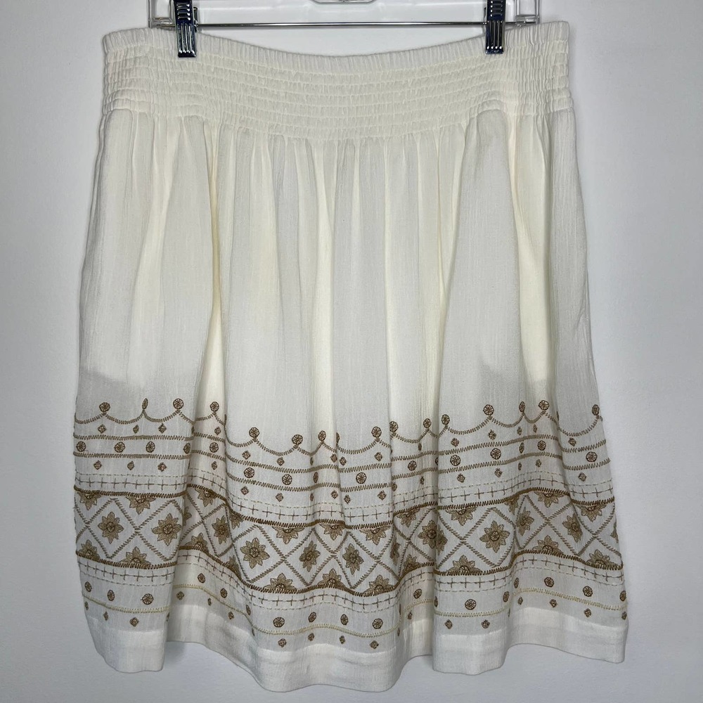 J. Jill Women's Midi Skirt Cream-Tan Pattern Hemline Elastic Waistband Size S